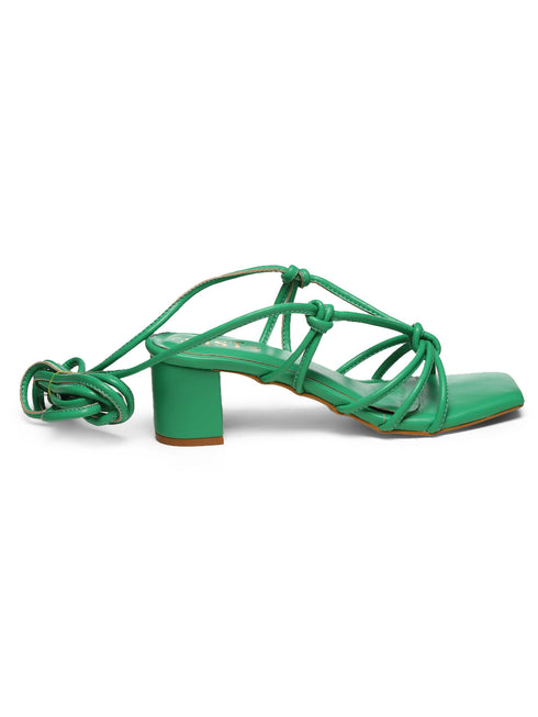 GNIST Green Strappy Tie up Block Heel Sandal